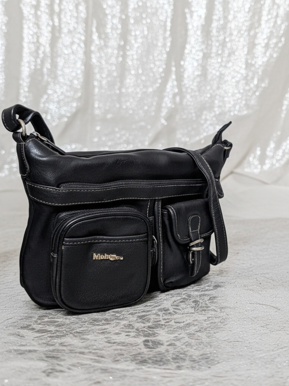 Black Shoulder Bag with Contrast Stitching